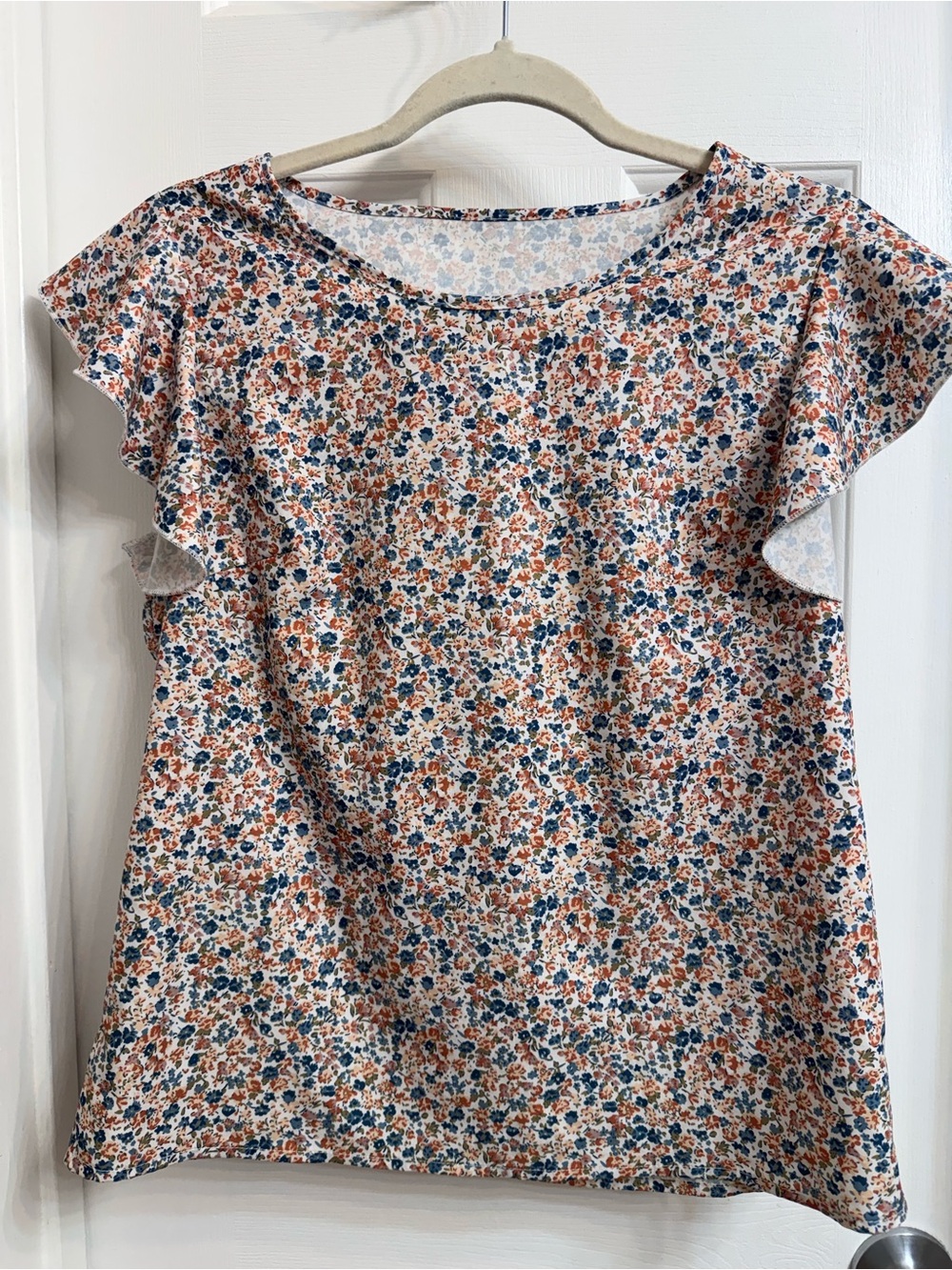 Floral Ruffle Sleeve Women's Top in Coral Blue